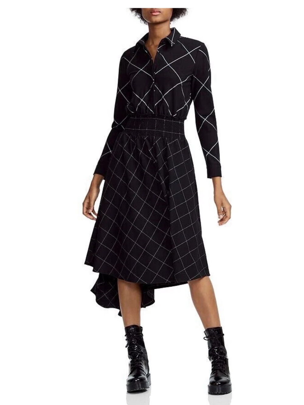 Maje Black Windowpane High-Low Shirtdress